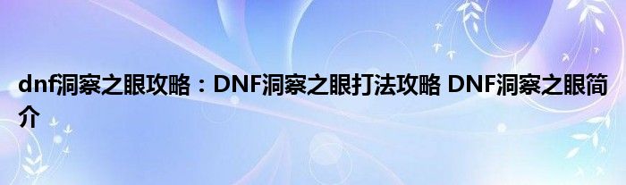 dnf洞察之眼攻略：DNF洞察之眼打法攻略 DNF洞察之眼简介