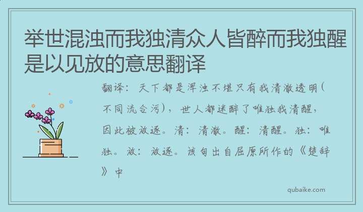 举世混浊而我独清众人皆醉而我独醒是以见放的意思翻译