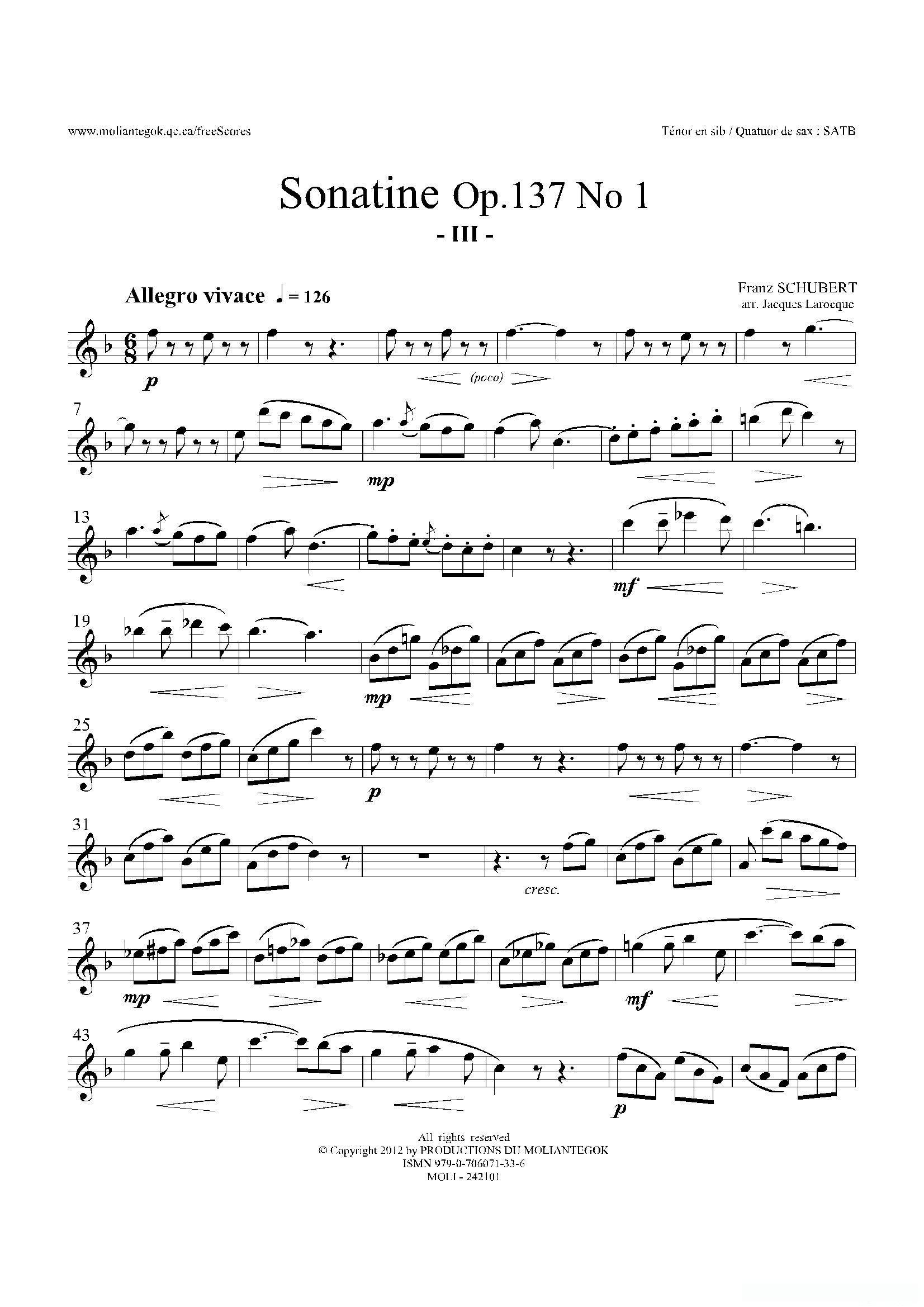 Sonatine Op.137 No 1（四重奏次中音萨克斯分谱）